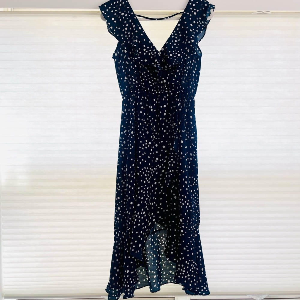 Socialite Navy Blue Polka Dot Ruffle Wrap Midi Dress Size Small